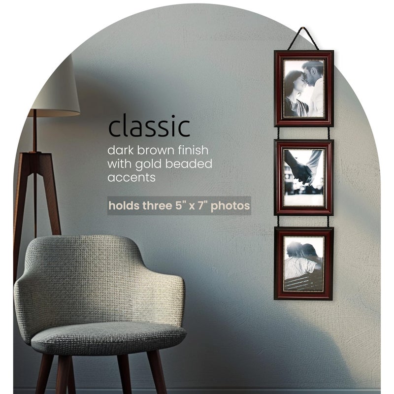 Kiera Grace Lucy Collage Frame, Holds 3 Vertical 5" x 7" Photos, Wall Mount Picture Frame with Hanging Rope, 7.25" x 9.25", Dark Brown - Image 2